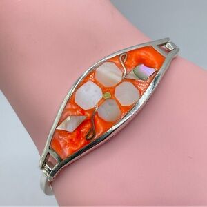 Vintage Mexico Mother of Pearl Bracelet Orange Inlay Silver Bold Southwestern